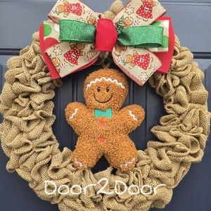 Charming Burlap Wreath with Gingerbread Man and Festive Bow
